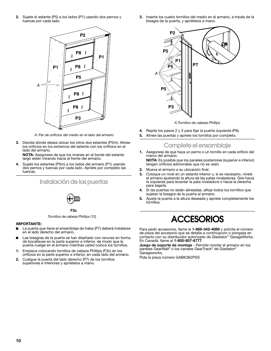 Accesorios, Instalación de las puertas, Complete el ensamblaje | Gladiator GAJG48KDZW Extra Large GearBox User Manual | Page 10 / 16