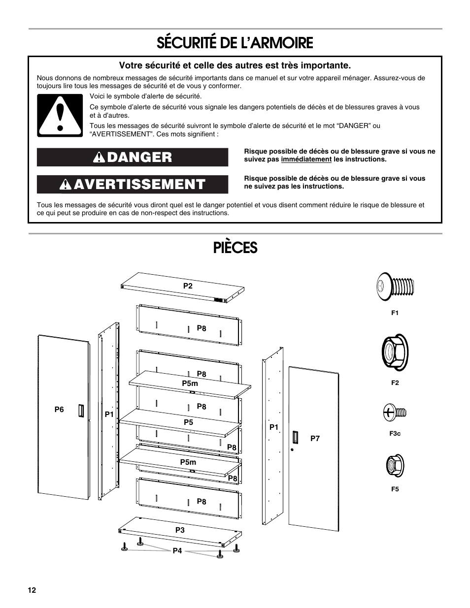 Sécurité de l’armoire pièces, Avertissement danger | Gladiator GAJG48KDZW Extra Large GearBox User Manual | Page 12 / 16