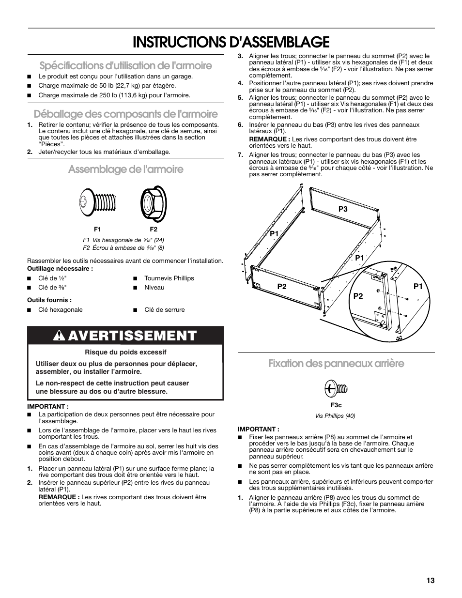 Instructions d'assemblage, Avertissement, Spécifications d'utilisation de l'armoire | Déballage des composants de l'armoire, Assemblage de l'armoire, Fixation des panneaux arrière | Gladiator GAJG48KDZW Extra Large GearBox User Manual | Page 13 / 16