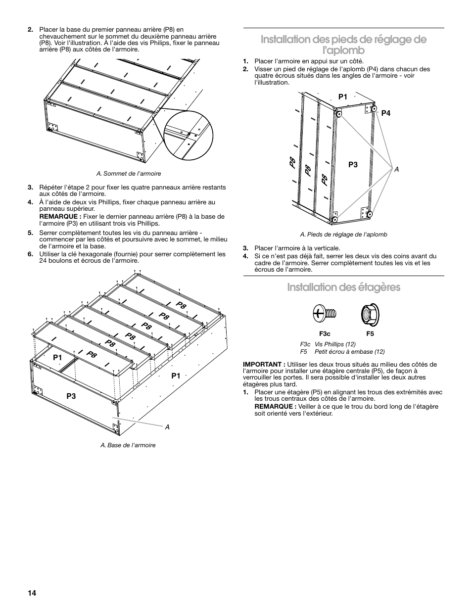 Installation des pieds de réglage de l'aplomb, Installation des étagères | Gladiator GAJG48KDZW Extra Large GearBox User Manual | Page 14 / 16