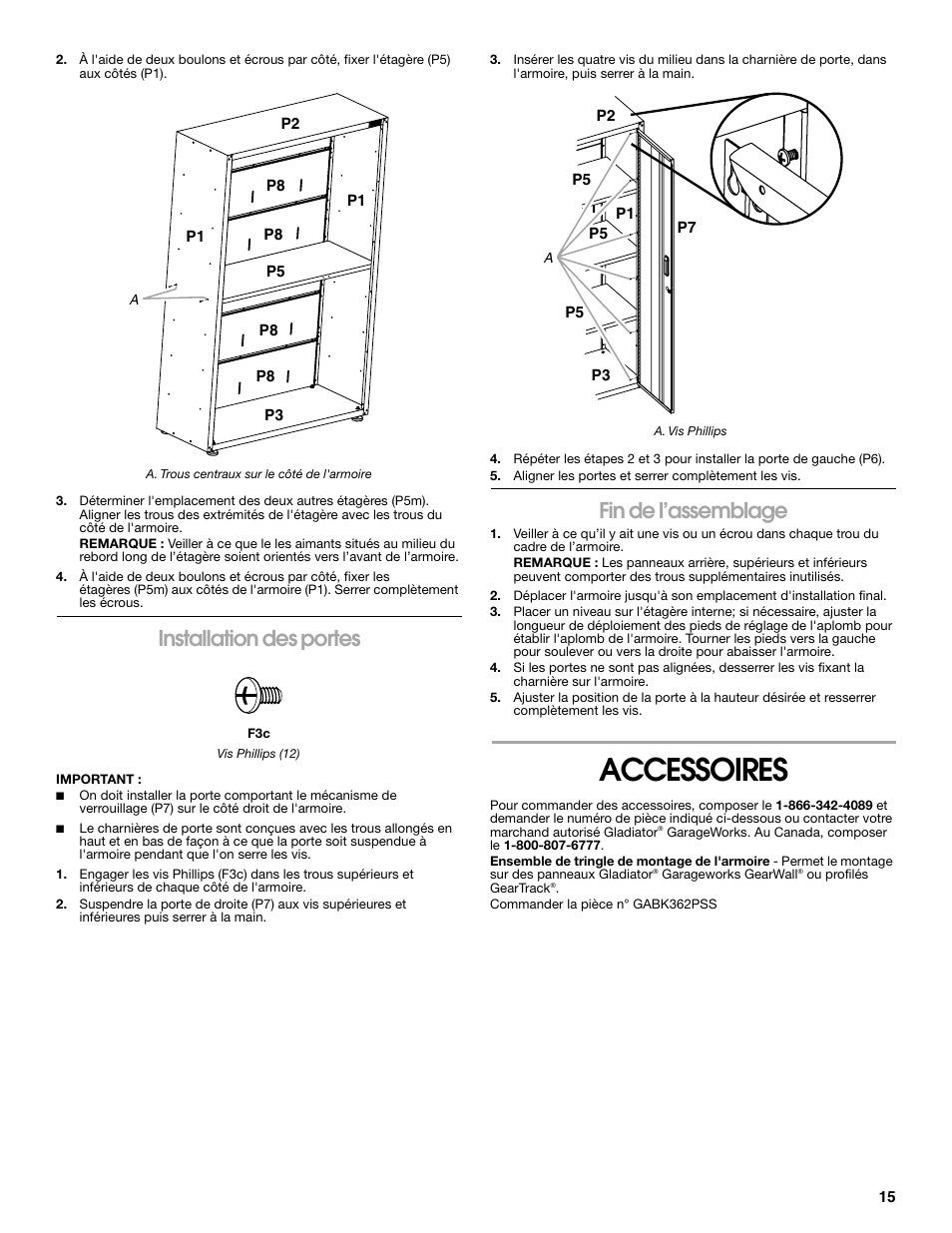 Accessoires, Installation des portes, Fin de l’assemblage | Gladiator GAJG48KDZW Extra Large GearBox User Manual | Page 15 / 16