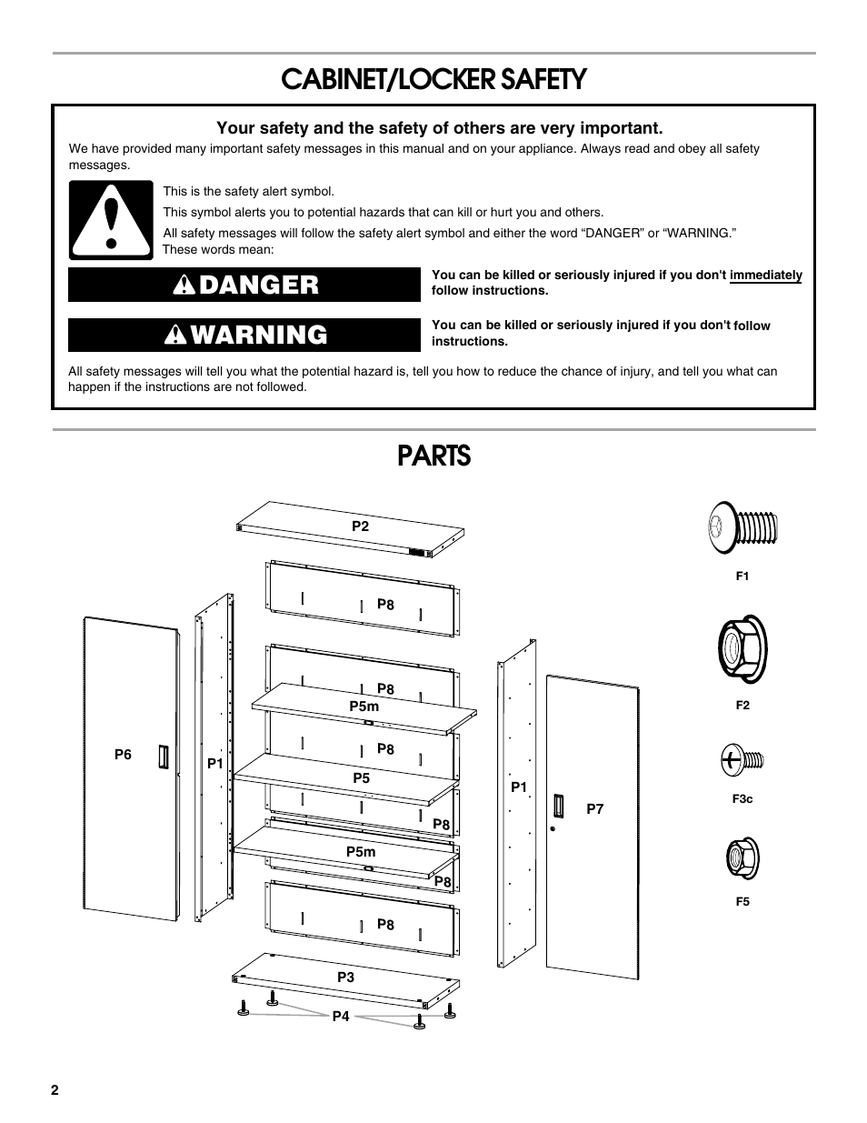 Cabinet/locker safety parts, Danger warning | Gladiator GAJG48KDZW Extra Large GearBox User Manual | Page 2 / 16