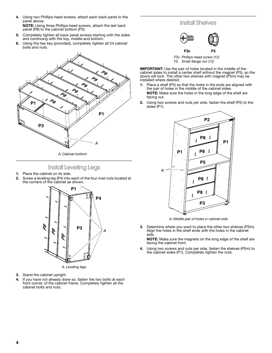 Install leveling legs, Install shelves | Gladiator GAJG48KDZW Extra Large GearBox User Manual | Page 4 / 16