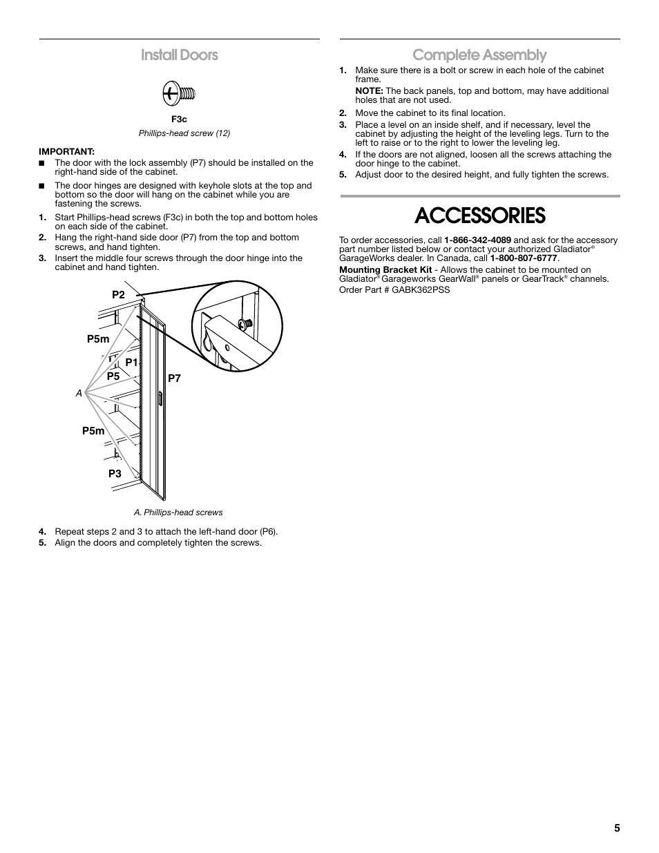 Accessories, Install doors, Complete assembly | Gladiator GAJG48KDZW Extra Large GearBox User Manual | Page 5 / 16