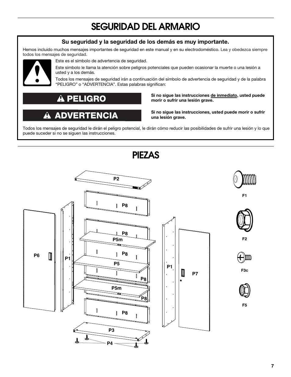 Seguridad del armario piezas, Advertencia peligro | Gladiator GAJG48KDZW Extra Large GearBox User Manual | Page 7 / 16