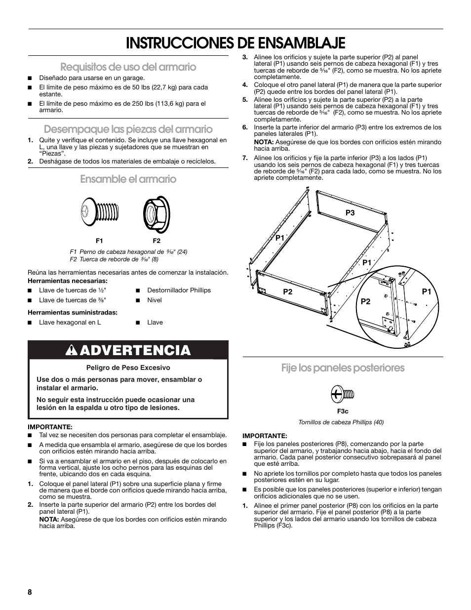 Instrucciones de ensamblaje, Advertencia, Requisitos de uso del armario | Desempaque las piezas del armario, Ensamble el armario, Fije los paneles posteriores | Gladiator GAJG48KDZW Extra Large GearBox User Manual | Page 8 / 16