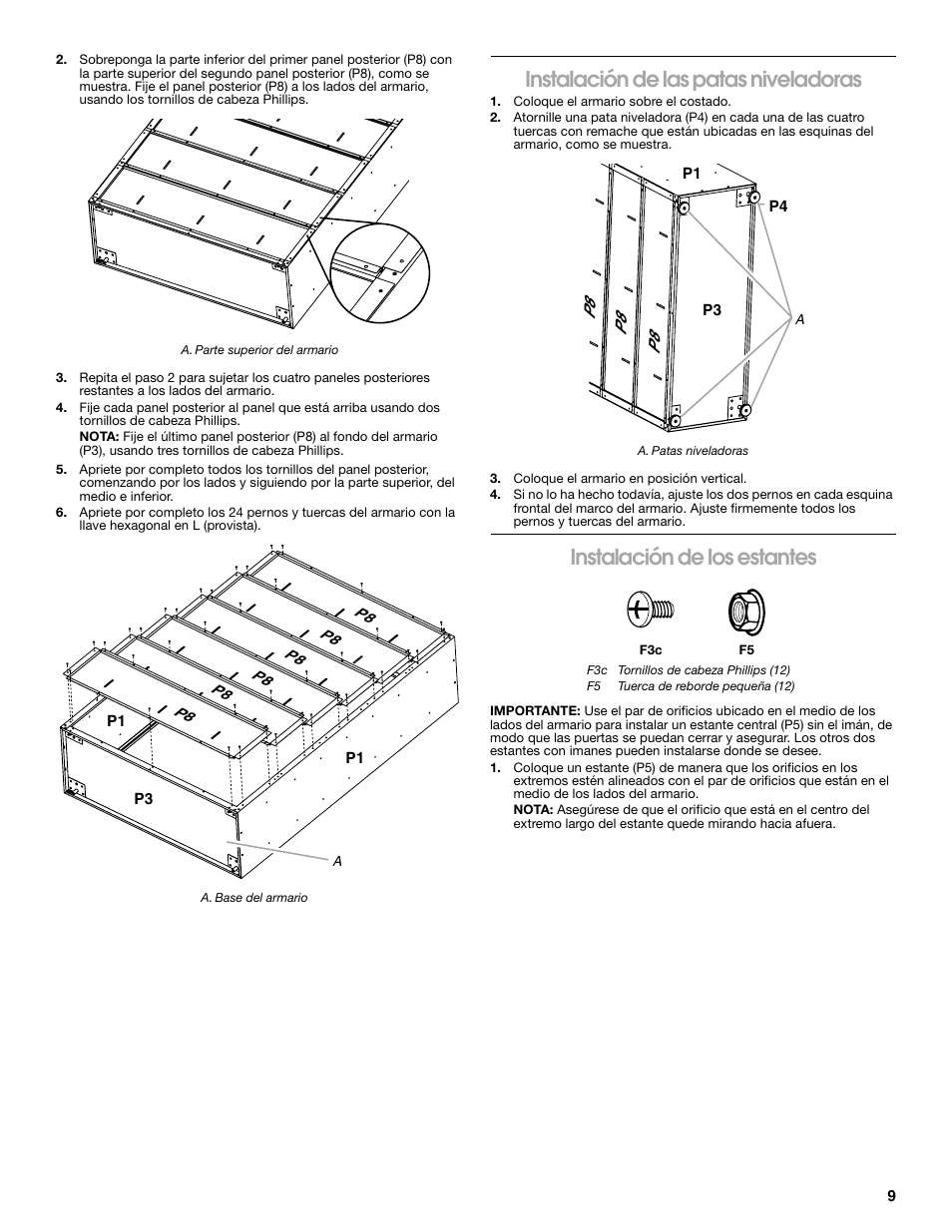 Instalación de las patas niveladoras, Instalación de los estantes | Gladiator GAJG48KDZW Extra Large GearBox User Manual | Page 9 / 16