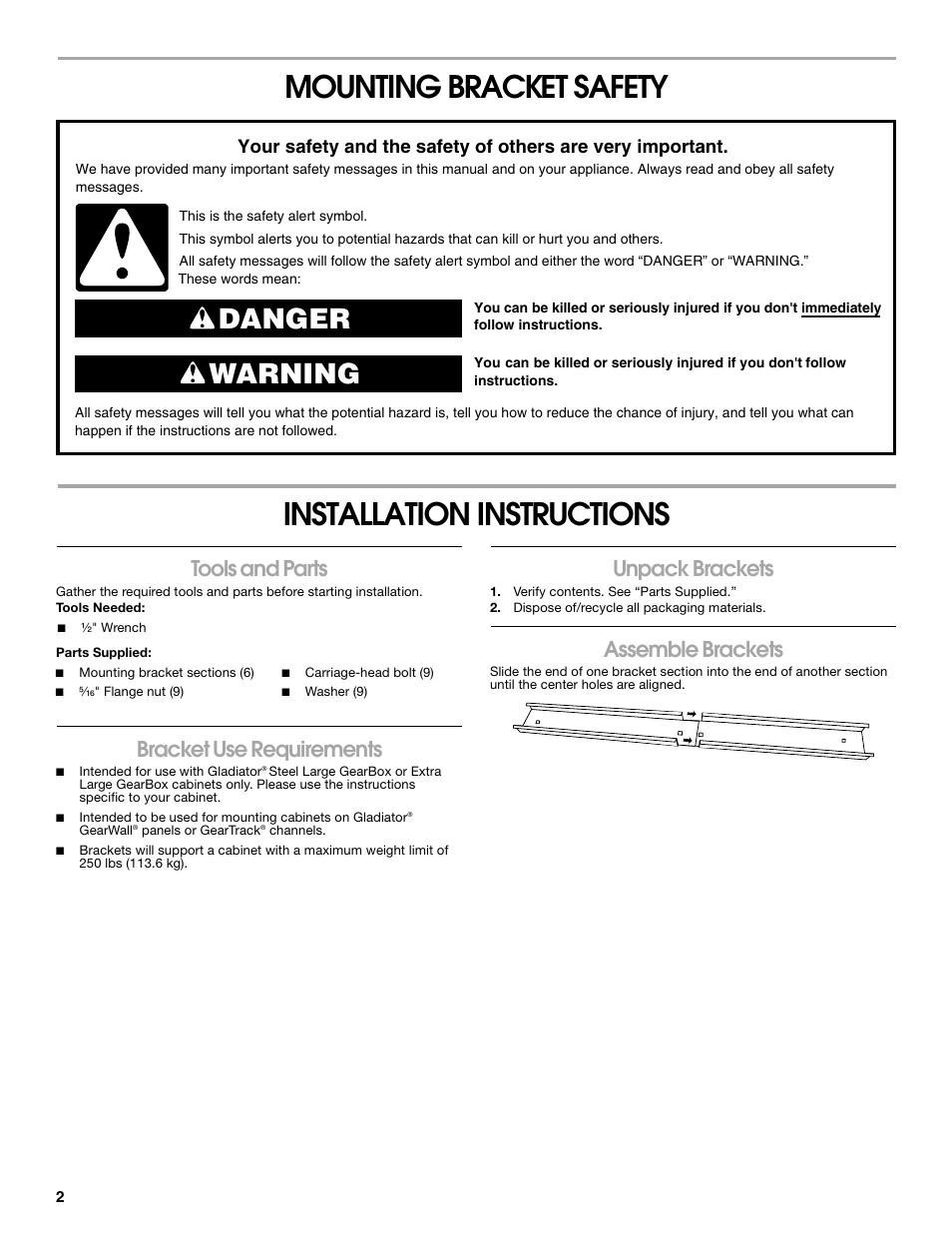 Mounting bracket safety installation instructions, Danger warning, Tools and parts | Bracket use requirements, Unpack brackets, Assemble brackets | Gladiator GABK362PSS Ready-To-Assemble Cabinet Bracket Kit User Manual | Page 2 / 8