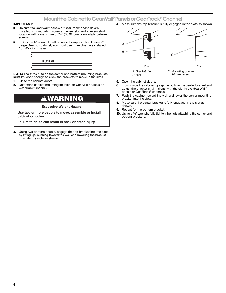 Warning, Mount the cabinet to gearwall, Panels or geartrack | Channel | Gladiator GABK362PSS Ready-To-Assemble Cabinet Bracket Kit User Manual | Page 4 / 8