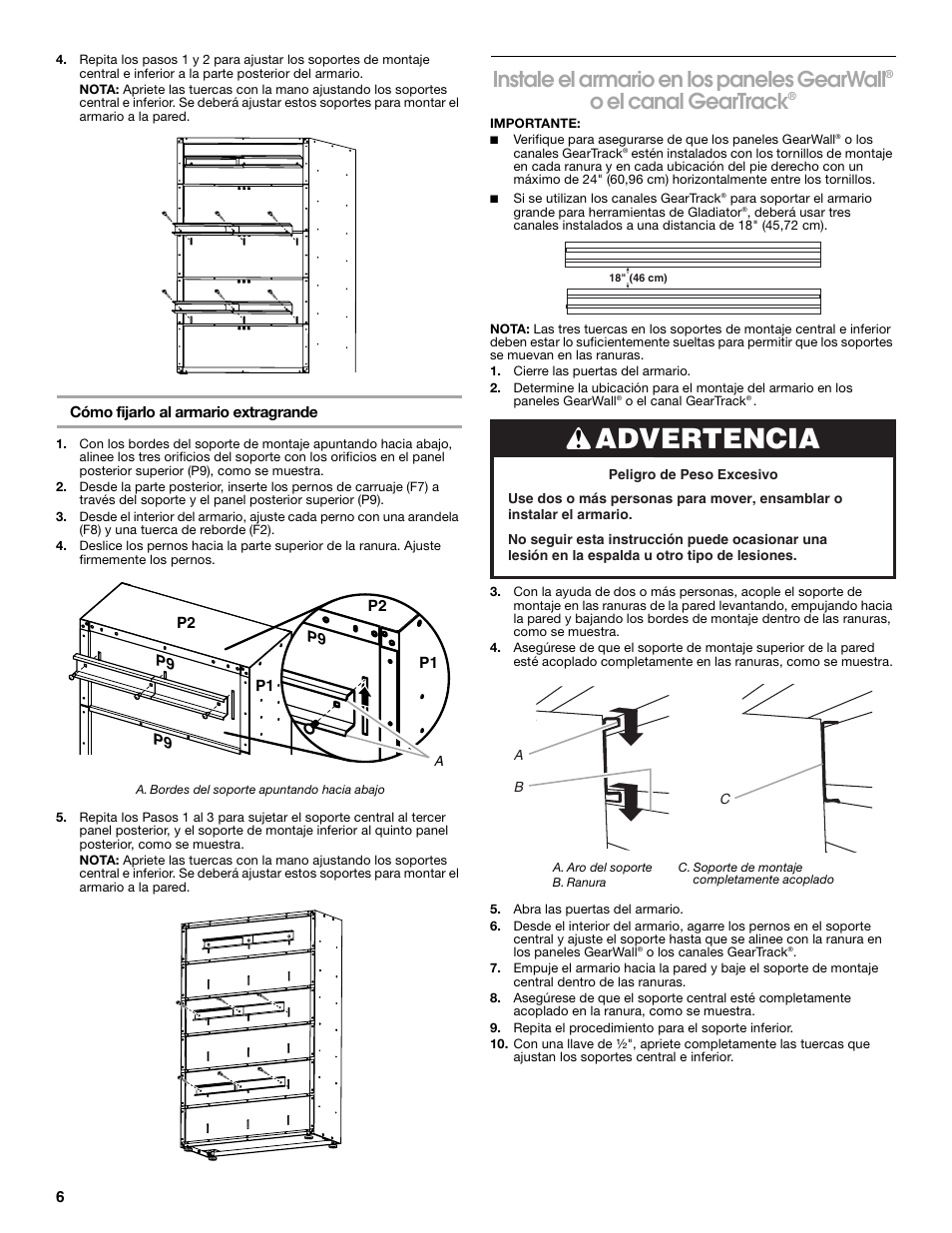 Advertencia, Instale el armario en los paneles gearwall, O el canal geartrack | Gladiator GABK362PSS Ready-To-Assemble Cabinet Bracket Kit User Manual | Page 6 / 8