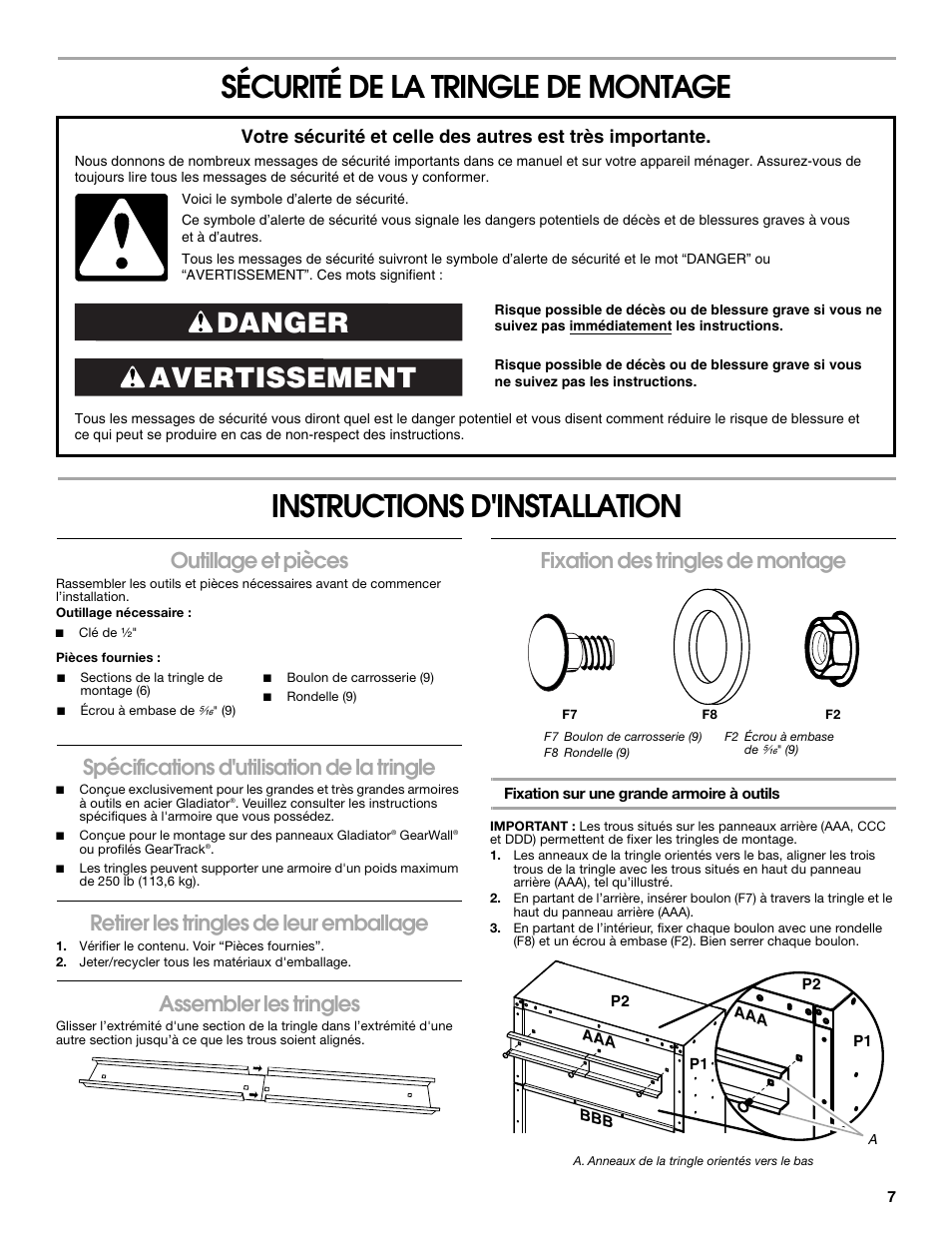 Avertissement danger, Outillage et pièces, Spécifications d'utilisation de la tringle | Retirer les tringles de leur emballage, Assembler les tringles, Fixation des tringles de montage | Gladiator GABK362PSS Ready-To-Assemble Cabinet Bracket Kit User Manual | Page 7 / 8