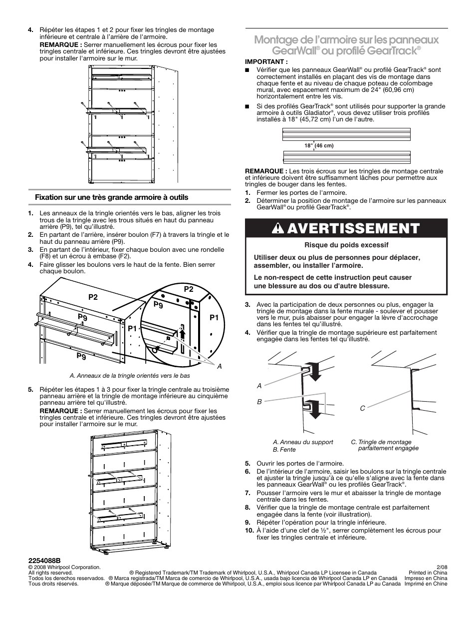 Avertissement, Montage de l’armoire sur les panneaux gearwall, Ou profilé geartrack | Gladiator GABK362PSS Ready-To-Assemble Cabinet Bracket Kit User Manual | Page 8 / 8