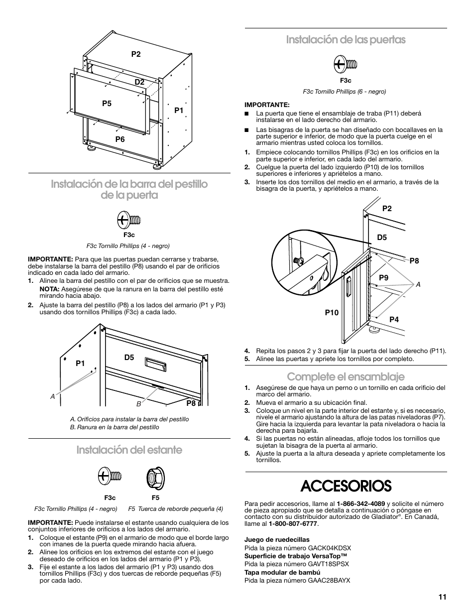 Accesorios, Instalación de la barra del pestillo de la puerta, Instalación del estante | Instalación de las puertas, Complete el ensamblaje | Gladiator GACK04KDSX Ready-To-Assemble Modular GearBox Caster Kit User Manual | Page 11 / 20