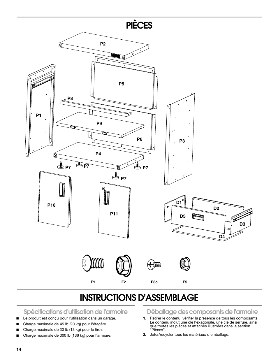 Pièces instructions d'assemblage, Spécifications d'utilisation de l'armoire, Déballage des composants de l'armoire | Gladiator GACK04KDSX Ready-To-Assemble Modular GearBox Caster Kit User Manual | Page 14 / 20