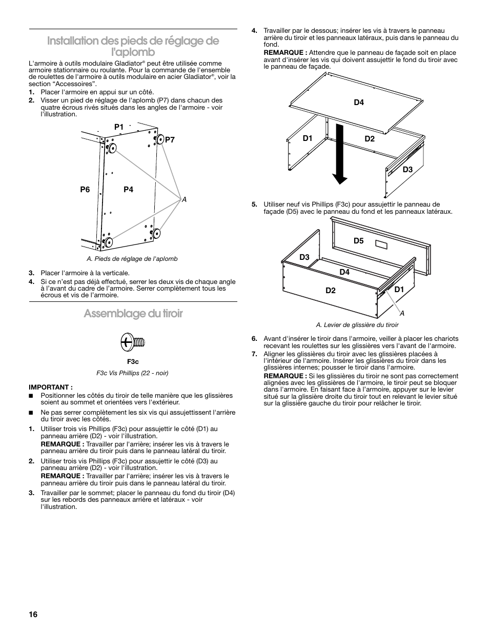 Installation des pieds de réglage de l'aplomb, Assemblage du tiroir | Gladiator GACK04KDSX Ready-To-Assemble Modular GearBox Caster Kit User Manual | Page 16 / 20