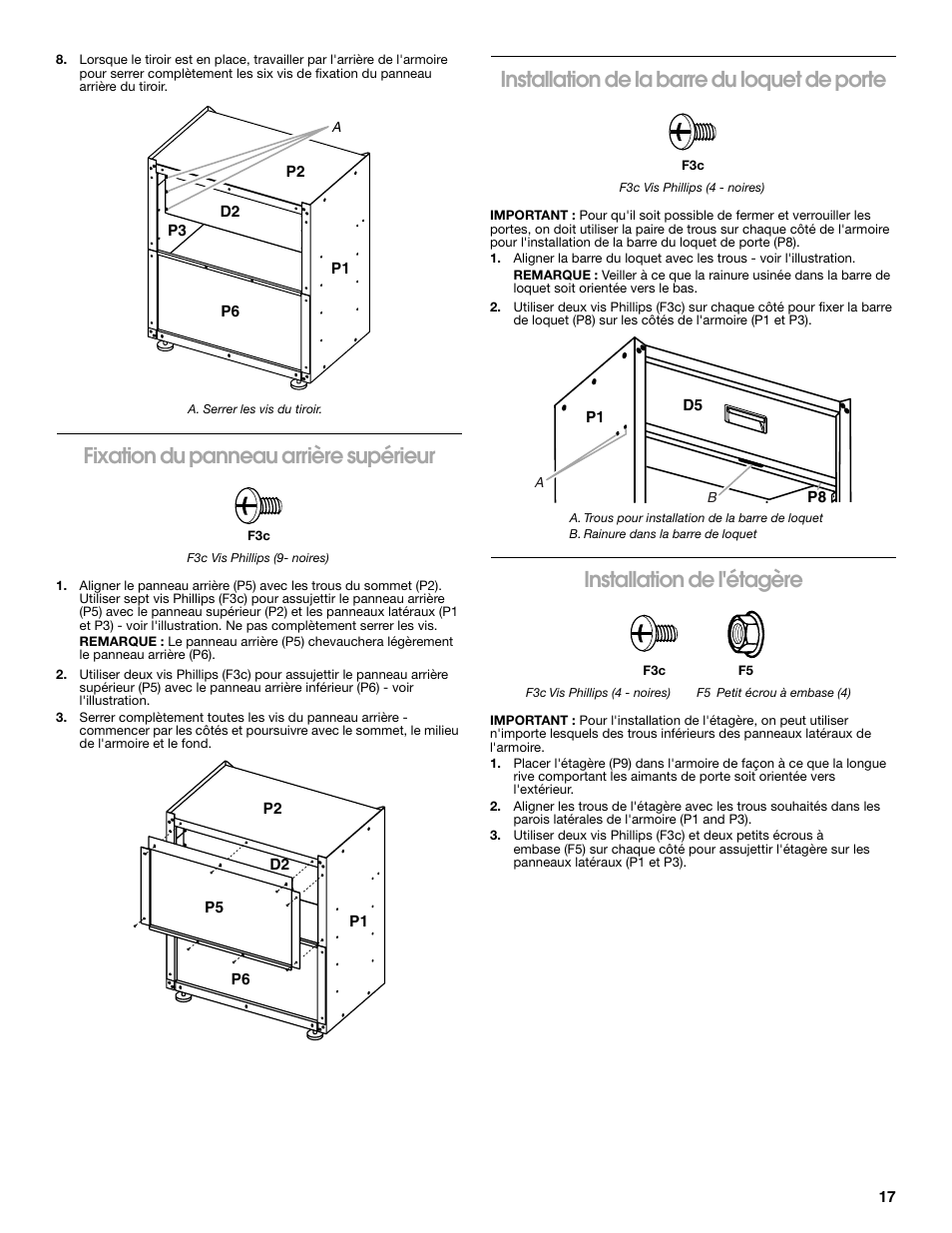 Fixation du panneau arrière supérieur, Installation de la barre du loquet de porte, Installation de l'étagère | Gladiator GACK04KDSX Ready-To-Assemble Modular GearBox Caster Kit User Manual | Page 17 / 20
