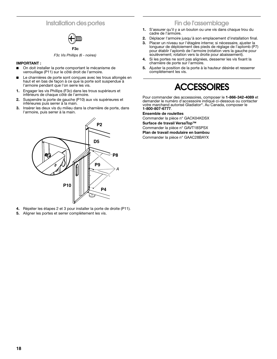 Accessoires, Installation des portes, Fin de l'assemblage | Gladiator GACK04KDSX Ready-To-Assemble Modular GearBox Caster Kit User Manual | Page 18 / 20