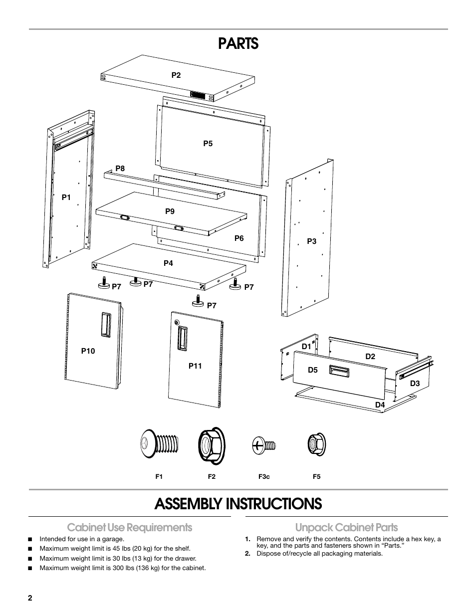 Parts assembly instructions, Cabinet use requirements, Unpack cabinet parts | Gladiator GACK04KDSX Ready-To-Assemble Modular GearBox Caster Kit User Manual | Page 2 / 20