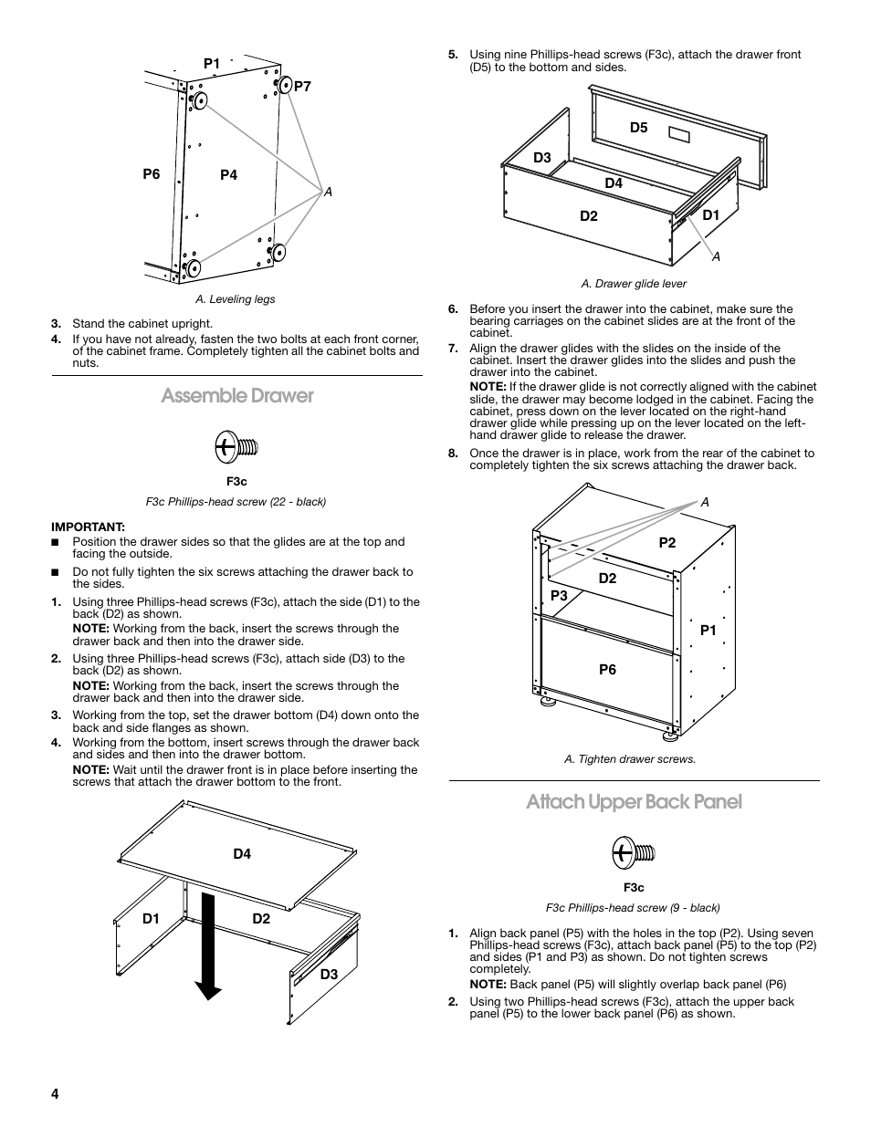 Assemble drawer, Attach upper back panel | Gladiator GACK04KDSX Ready-To-Assemble Modular GearBox Caster Kit User Manual | Page 4 / 20