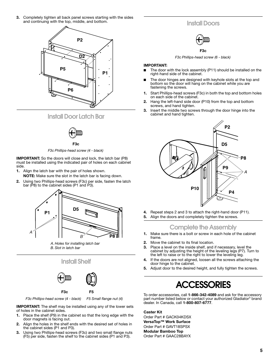 Accessories, Install door latch bar, Install shelf | Install doors, Complete the assembly | Gladiator GACK04KDSX Ready-To-Assemble Modular GearBox Caster Kit User Manual | Page 5 / 20