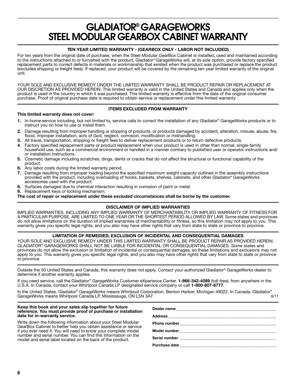 Gladiator, Garageworks steel modular gearbox cabinet warranty | Gladiator GACK04KDSX Ready-To-Assemble Modular GearBox Caster Kit User Manual | Page 6 / 20