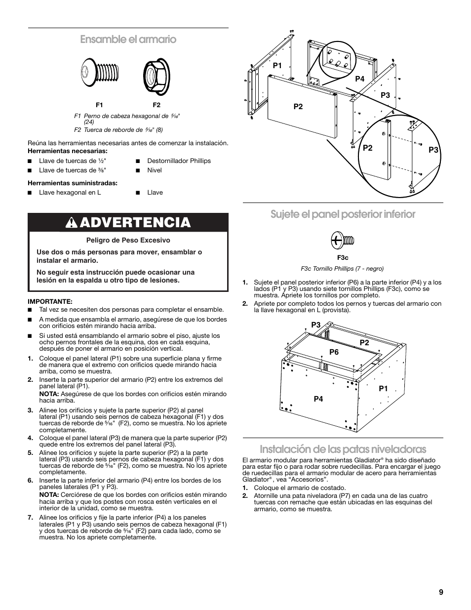 Advertencia, Ensamble el armario, Sujete el panel posterior inferior | Instalación de las patas niveladoras | Gladiator GACK04KDSX Ready-To-Assemble Modular GearBox Caster Kit User Manual | Page 9 / 20