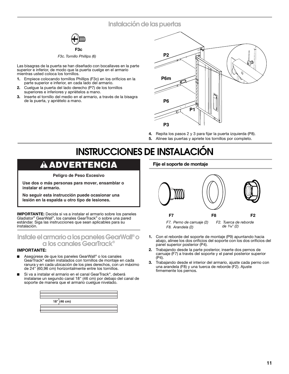 Instrucciones de instalación, Advertencia, Instalación de las puertas | Instale el armario a los paneles gearwall, Oa los canales geartrack | Gladiator GAWG28KDYG Gladiator Ready-To-Assemble 3/4 Wall GearBox User Manual | Page 11 / 20