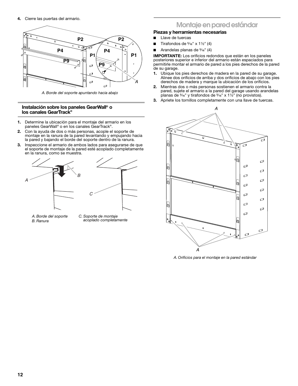 Montaje en pared estándar | Gladiator GAWG28KDYG Gladiator Ready-To-Assemble 3/4 Wall GearBox User Manual | Page 12 / 20