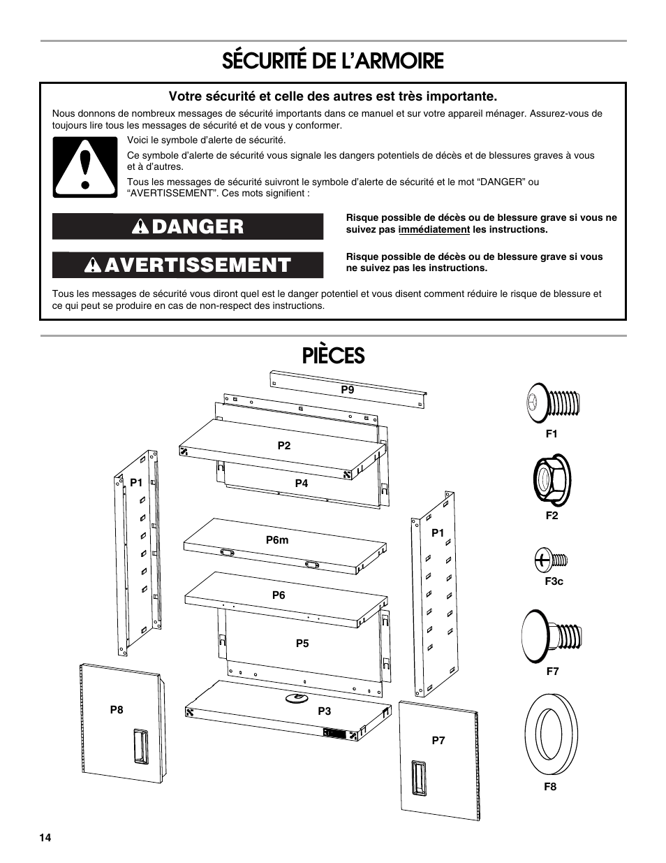 Sécurité de l’armoire pièces, Avertissement danger | Gladiator GAWG28KDYG Gladiator Ready-To-Assemble 3/4 Wall GearBox User Manual | Page 14 / 20