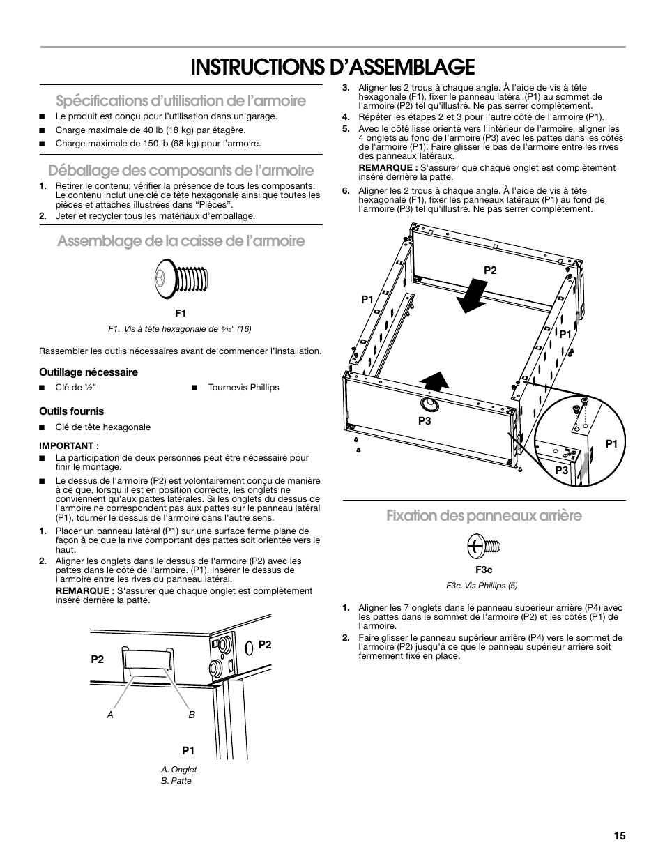 Instructions d’assemblage, Spécifications d’utilisation de l’armoire, Déballage des composants de l’armoire | Assemblage de la caisse de l’armoire, Fixation des panneaux arrière | Gladiator GAWG28KDYG Gladiator Ready-To-Assemble 3/4 Wall GearBox User Manual | Page 15 / 20
