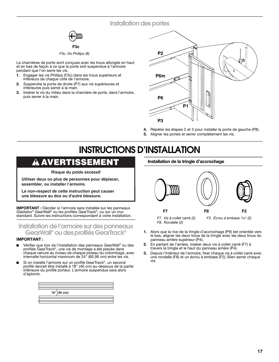 Instructions d’installation, Avertissement, Installation des portes | Ou des profilés geartrack | Gladiator GAWG28KDYG Gladiator Ready-To-Assemble 3/4 Wall GearBox User Manual | Page 17 / 20