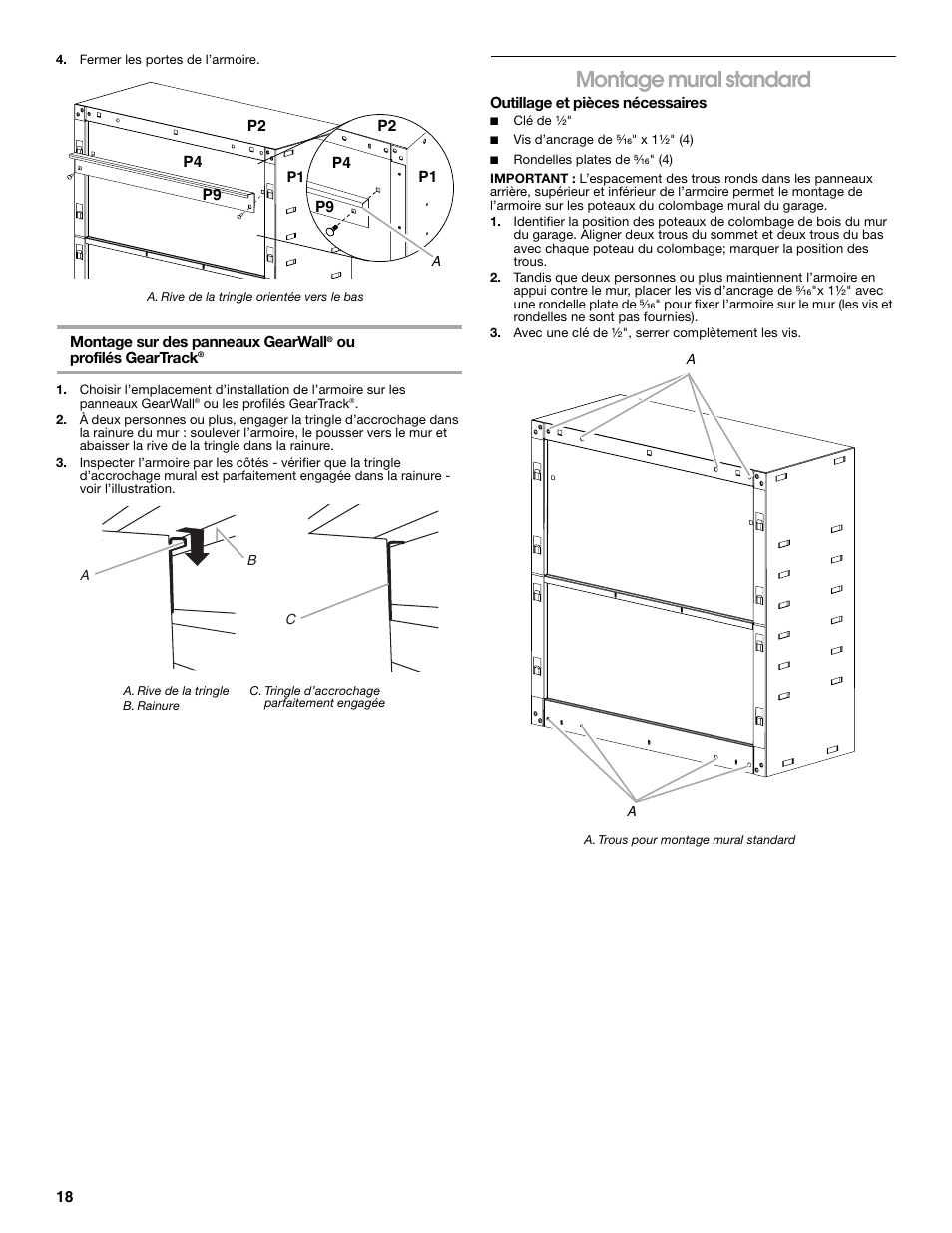 Montage mural standard | Gladiator GAWG28KDYG Gladiator Ready-To-Assemble 3/4 Wall GearBox User Manual | Page 18 / 20