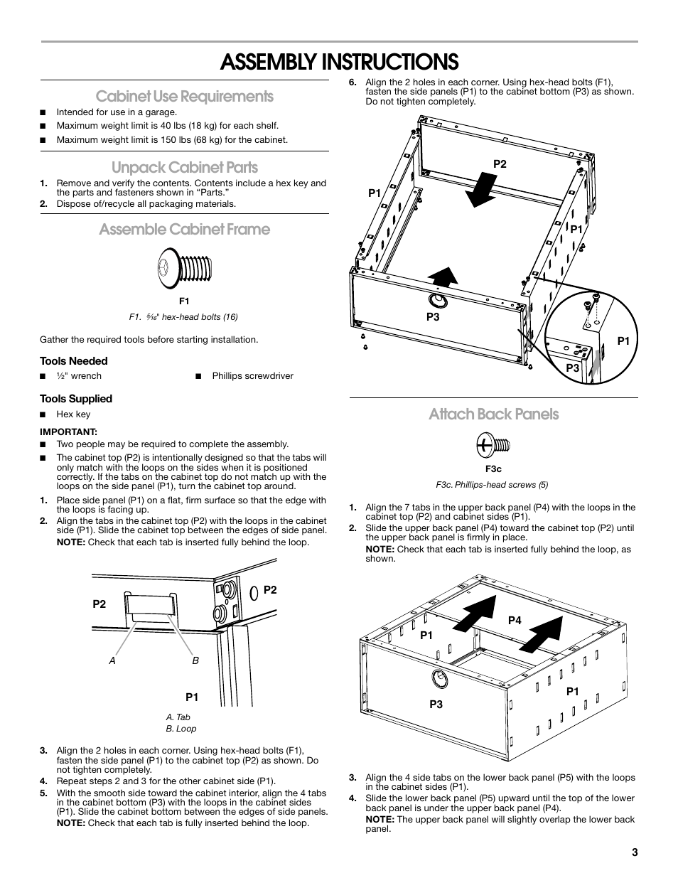 Assembly instructions, Cabinet use requirements, Unpack cabinet parts | Assemble cabinet frame, Attach back panels | Gladiator GAWG28KDYG Gladiator Ready-To-Assemble 3/4 Wall GearBox User Manual | Page 3 / 20