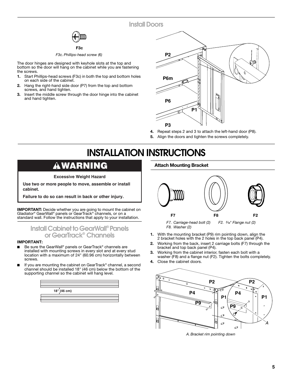 Installation instructions, Warning, Install doors | Install cabinet to gearwall, Panels or geartrack, Channels | Gladiator GAWG28KDYG Gladiator Ready-To-Assemble 3/4 Wall GearBox User Manual | Page 5 / 20