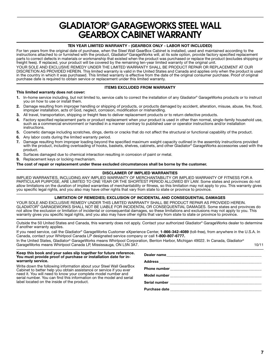 Gladiator, Garageworks steel wall gearbox cabinet warranty | Gladiator GAWG28KDYG Gladiator Ready-To-Assemble 3/4 Wall GearBox User Manual | Page 7 / 20