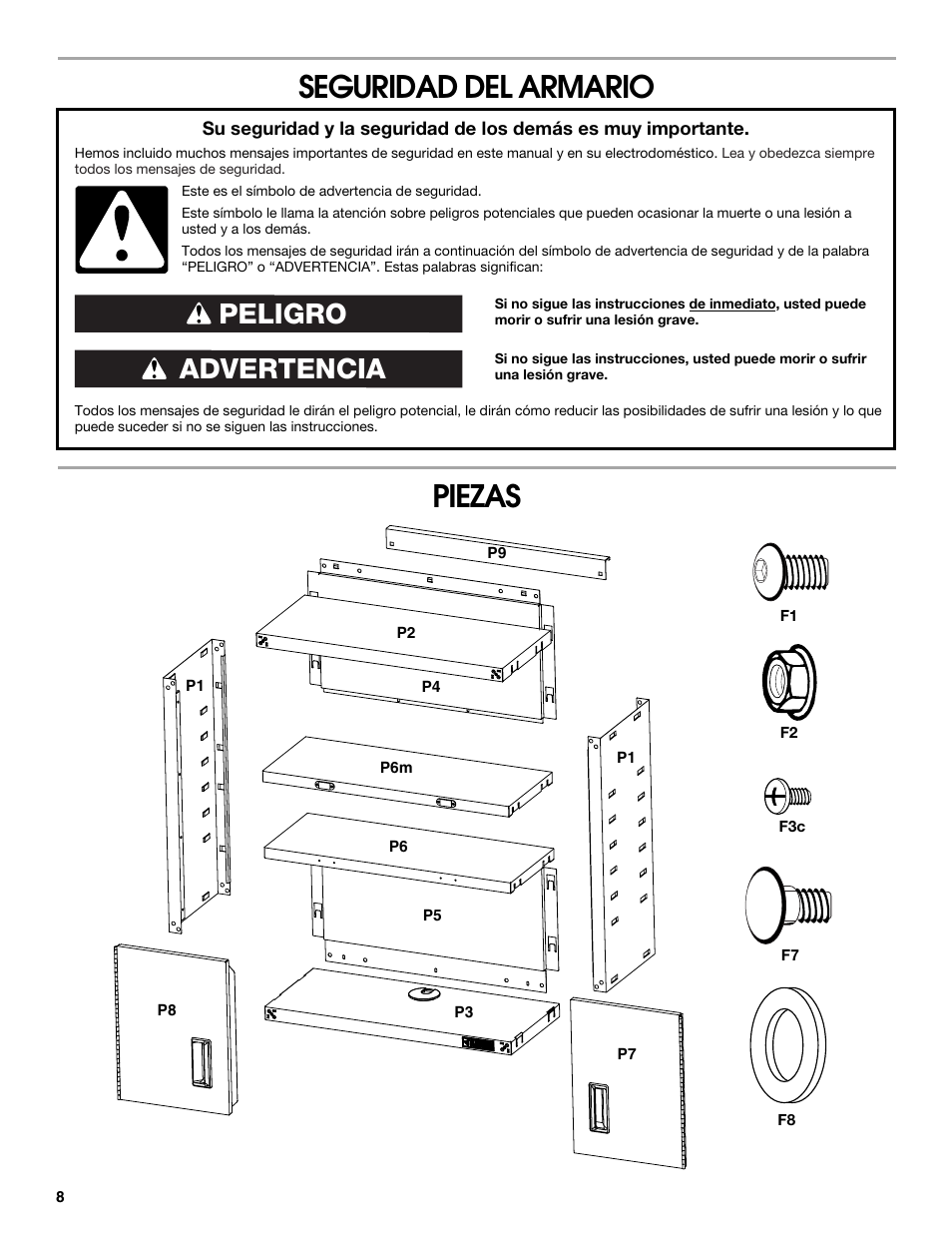 Seguridad del armario piezas, Advertencia peligro | Gladiator GAWG28KDYG Gladiator Ready-To-Assemble 3/4 Wall GearBox User Manual | Page 8 / 20