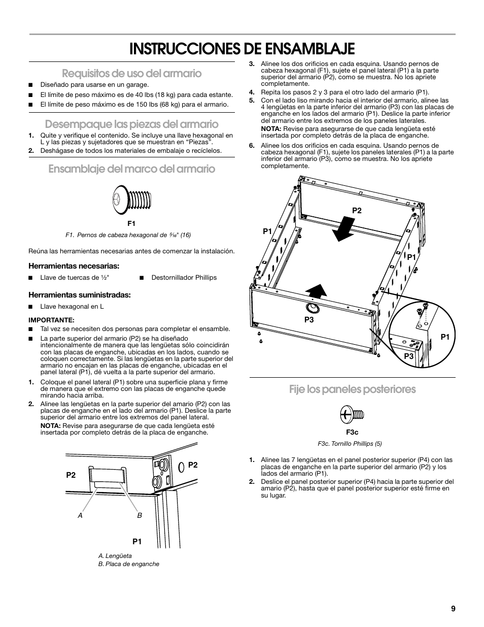 Instrucciones de ensamblaje, Requisitos de uso del armario, Desempaque las piezas del armario | Ensamblaje del marco del armario, Fije los paneles posteriores | Gladiator GAWG28KDYG Gladiator Ready-To-Assemble 3/4 Wall GearBox User Manual | Page 9 / 20