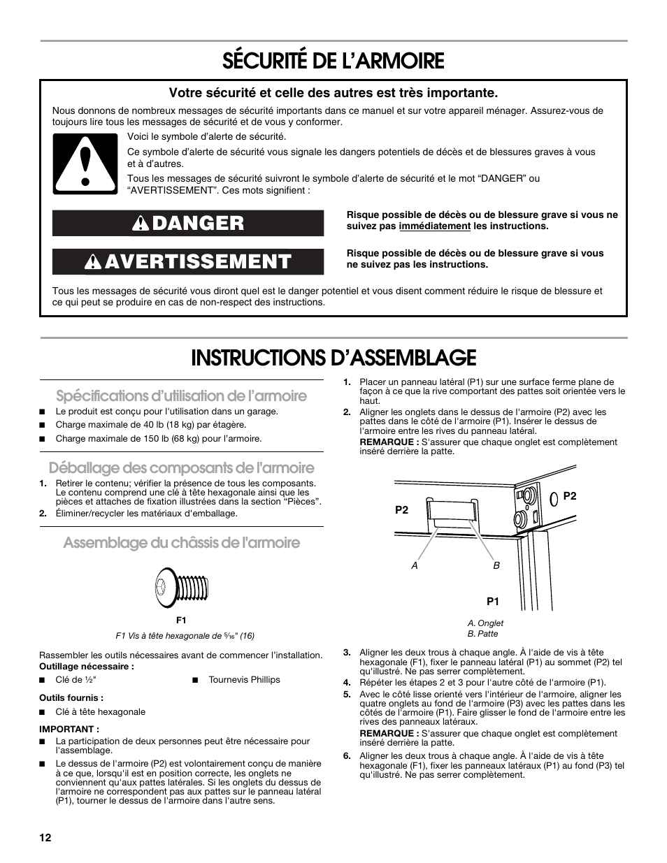 Sécurité de l’armoire instructions d’assemblage, Avertissement danger, Spécifications d’utilisation de l’armoire | Déballage des composants de l'armoire, Assemblage du châssis de l'armoire | Gladiator GAWG28FDYG Full-Door Wall GearBox User Manual | Page 12 / 16