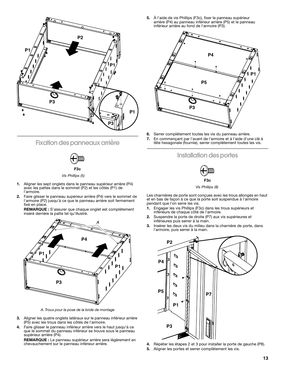 Fixation des panneaux arrière, Installation des portes | Gladiator GAWG28FDYG Full-Door Wall GearBox User Manual | Page 13 / 16