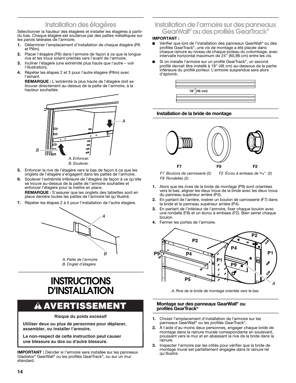 Instructions d'installation, Avertissement, Installation des étagères | Ou des profilés geartrack | Gladiator GAWG28FDYG Full-Door Wall GearBox User Manual | Page 14 / 16