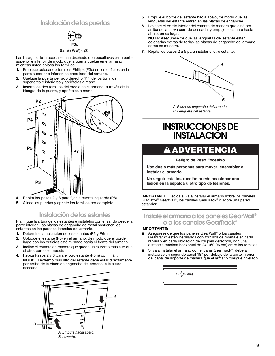 Instrucciones de instalación, Advertencia, Instalación de las puertas | Instalación de los estantes, Instale el armario a los paneles gearwall, O a los canales geartrack | Gladiator GAWG28FDYG Full-Door Wall GearBox User Manual | Page 9 / 16