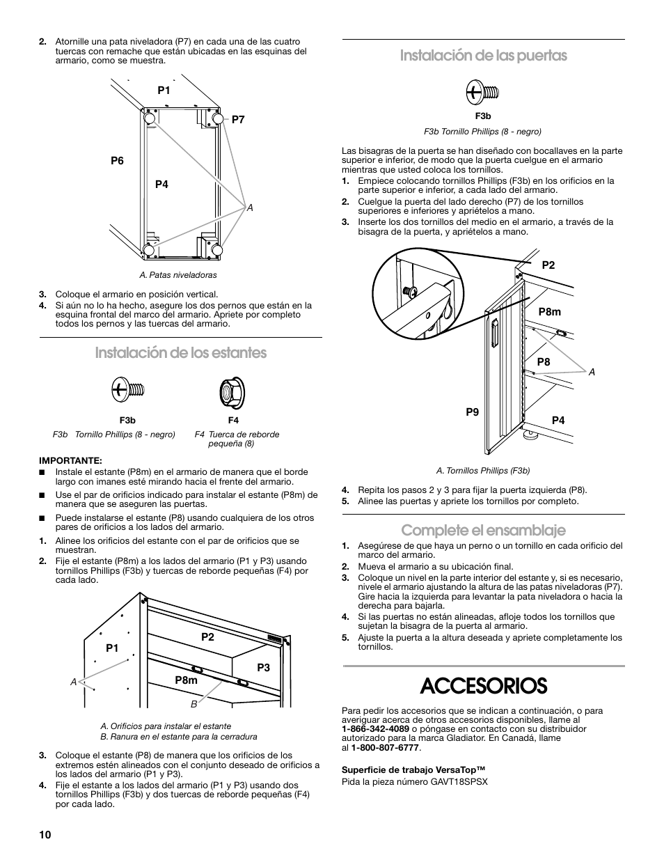 Accesorios, Instalación de los estantes, Instalación de las puertas | Complete el ensamblaje | Gladiator GAGB28FDYG Full-Door GearBox User Manual | Page 10 / 16