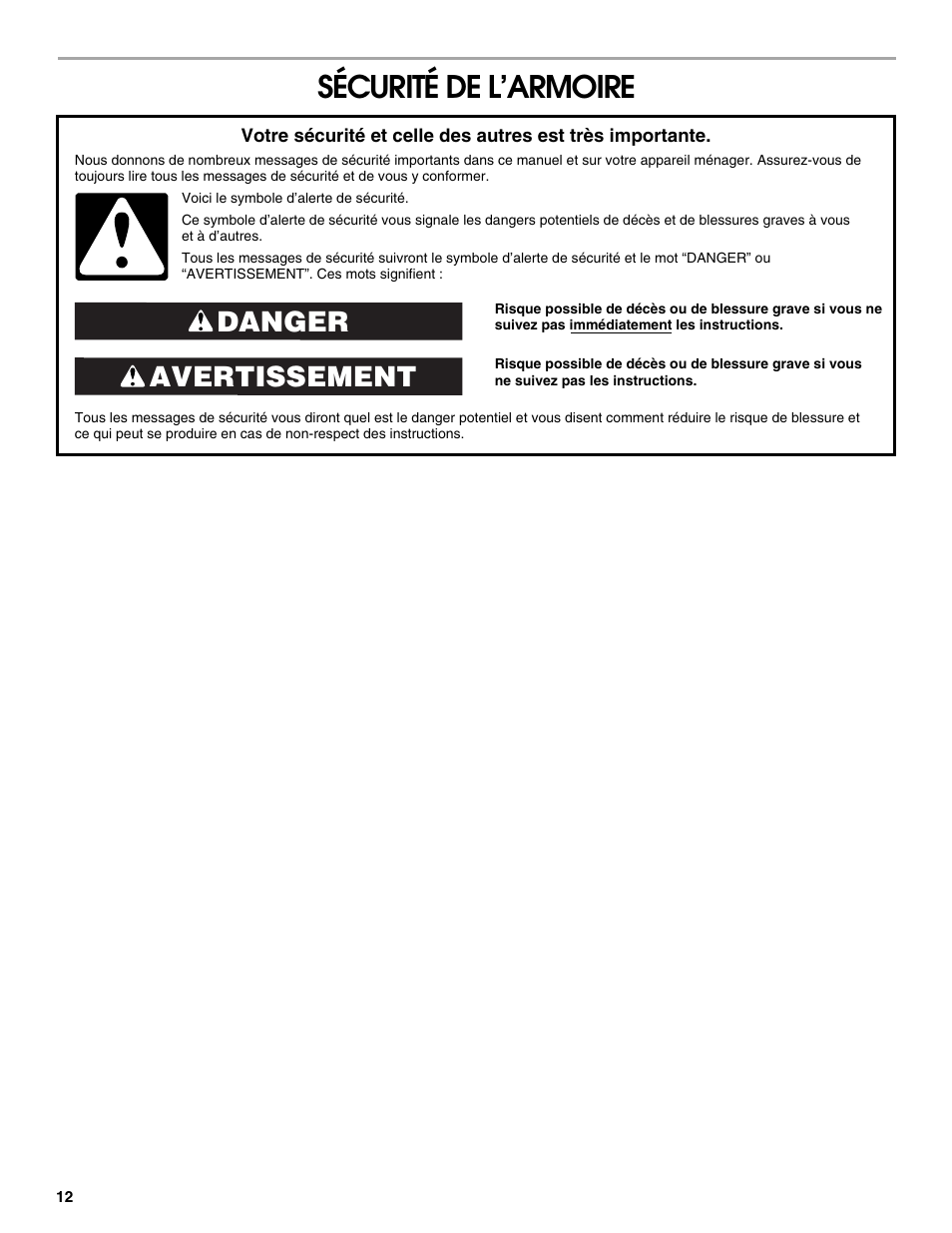 Sécurité de l’armoire, Avertissement danger | Gladiator GAGB28FDYG Full-Door GearBox User Manual | Page 12 / 16