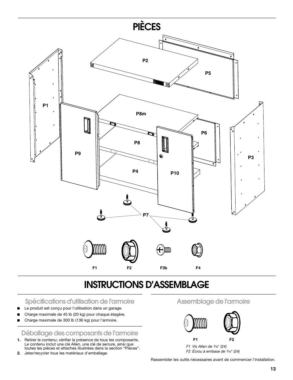 Pièces instructions d'assemblage, Spécifications d'utilisation de l'armoire, Déballage des composants de l'armoire | Assemblage de l'armoire | Gladiator GAGB28FDYG Full-Door GearBox User Manual | Page 13 / 16