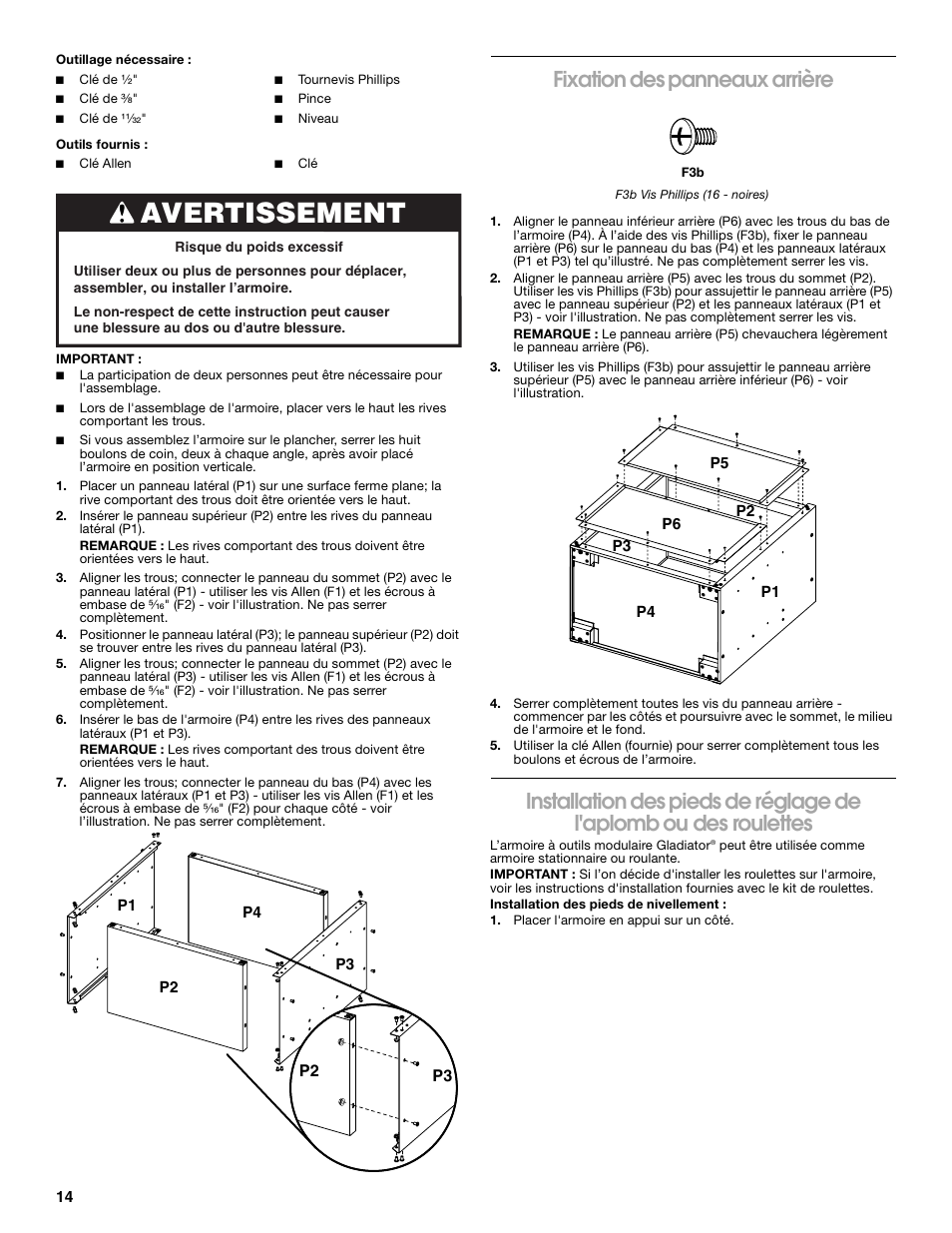 Avertissement, Fixation des panneaux arrière | Gladiator GAGB28FDYG Full-Door GearBox User Manual | Page 14 / 16
