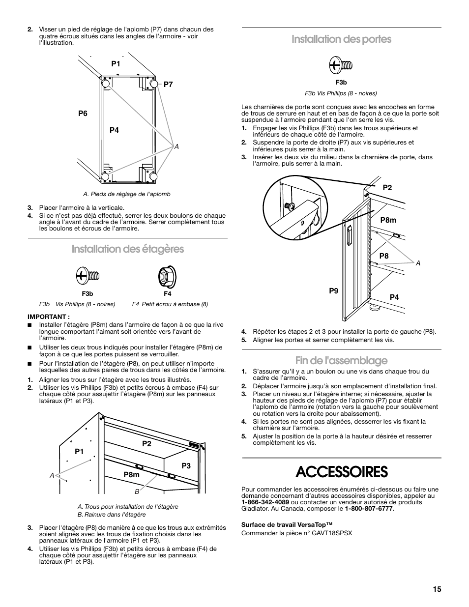Accessoires, Installation des étagères, Installation des portes | Fin de l'assemblage | Gladiator GAGB28FDYG Full-Door GearBox User Manual | Page 15 / 16