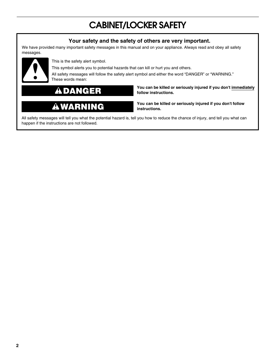 Cabinet/locker safety, Danger warning | Gladiator GAGB28FDYG Full-Door GearBox User Manual | Page 2 / 16