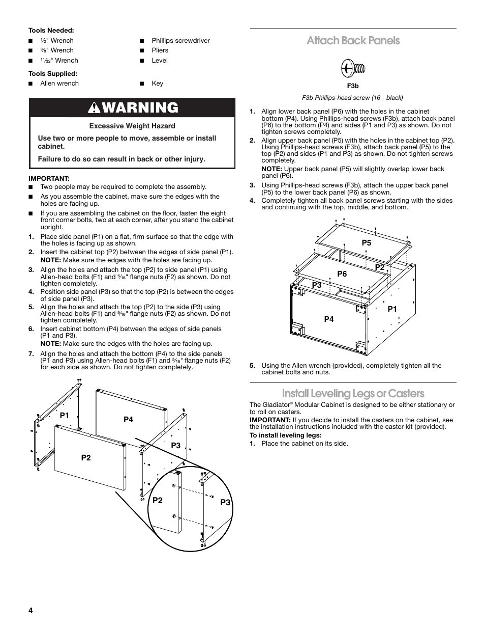 Warning, Attach back panels, Install leveling legs or casters | Gladiator GAGB28FDYG Full-Door GearBox User Manual | Page 4 / 16