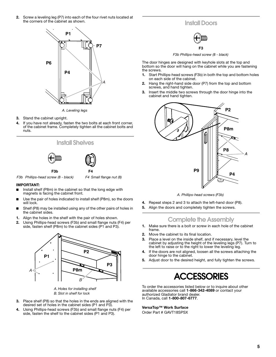 Accessories, Install shelves, Install doors | Complete the assembly | Gladiator GAGB28FDYG Full-Door GearBox User Manual | Page 5 / 16