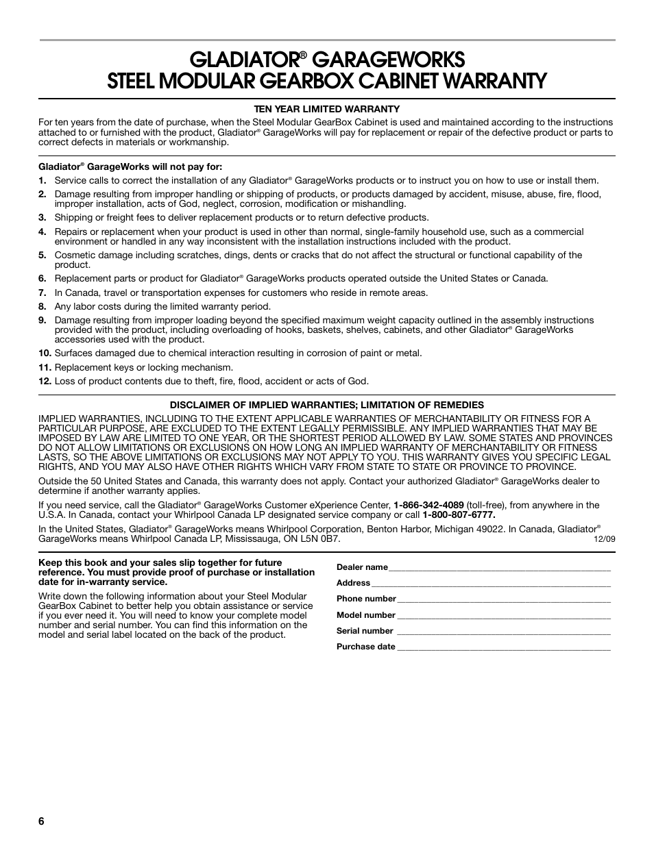 Gladiator, Garageworks steel modular gearbox cabinet warranty | Gladiator GAGB28FDYG Full-Door GearBox User Manual | Page 6 / 16